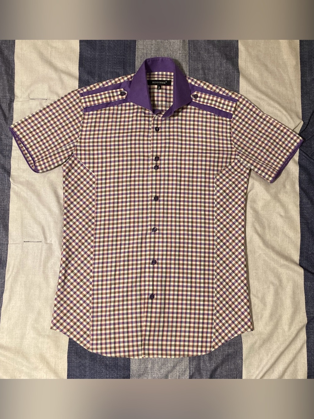 Bogosse Mens S/S Button Up Shirt Sz 2 Checkered Purple White
